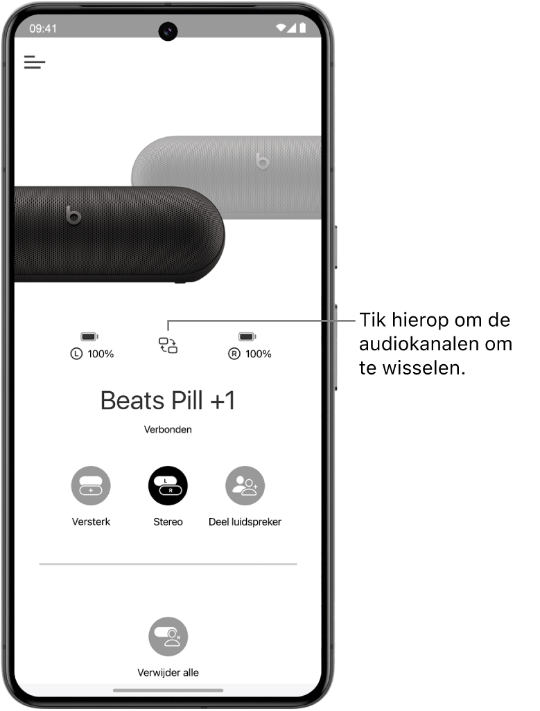 Het apparaatscherm van de Beats-app met twee verbonden Beats&nbsp;Pill-luidsprekers in een stereogroep en de knop voor het wijzigen van de audiokanalen.