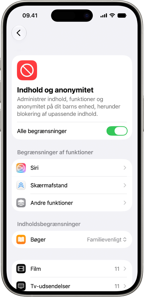 Skærmen Indhold & anonymitet i Skærmtid, der viser muligheder for begrænsninger af funktioner og indhold.