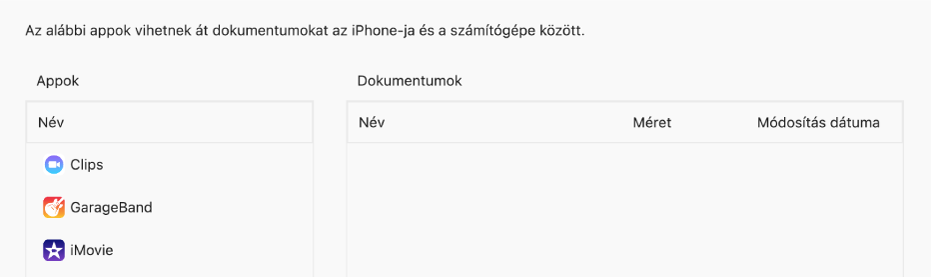A Fájlok ablakában olyan appok láthatók, amelyek szinkronizálhatók egy eszközzel.