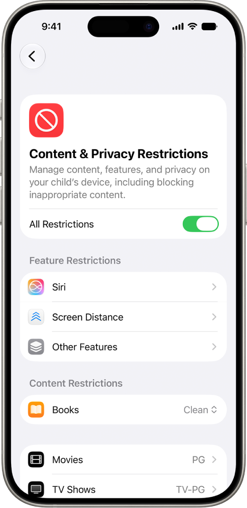 The Content and Privacy Restriction screen in Screen Time showing options for Feature and Content Restrictions.
