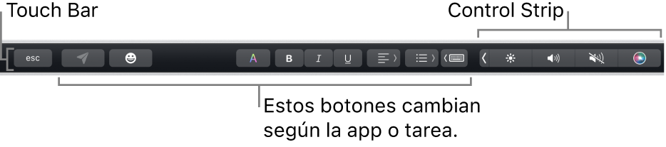 La Touch&nbsp;Bar en la parte superior del teclado, con la Control&nbsp;Strip contraída a la derecha y botones que varían según la app o la tarea.