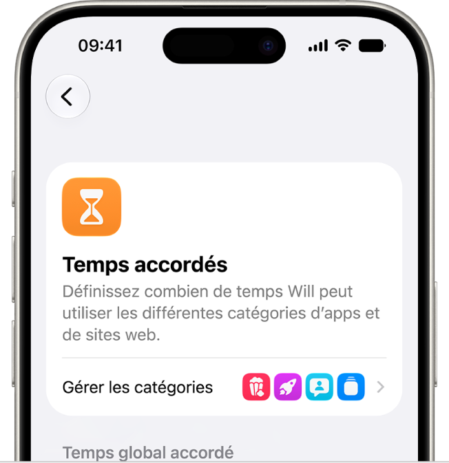 La sous-fenêtre «&nbsp;Temps accordés&nbsp;» des réglages «&nbsp;Temps d’écran&nbsp;».