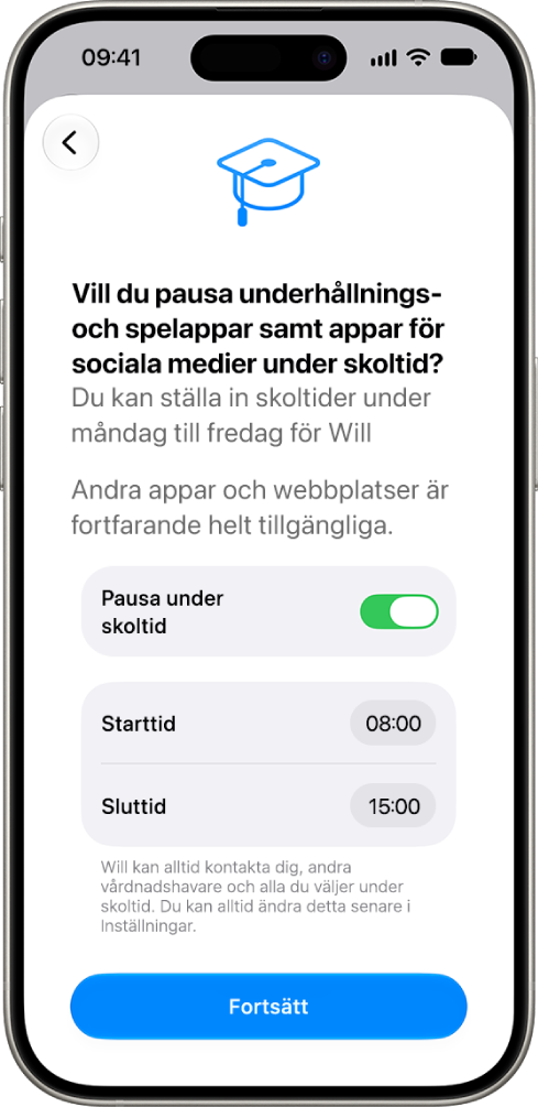 Inställningsskärmen för föräldrakontroller visar de tidpunkter under skoltid som användningen av enheten ska pausas.