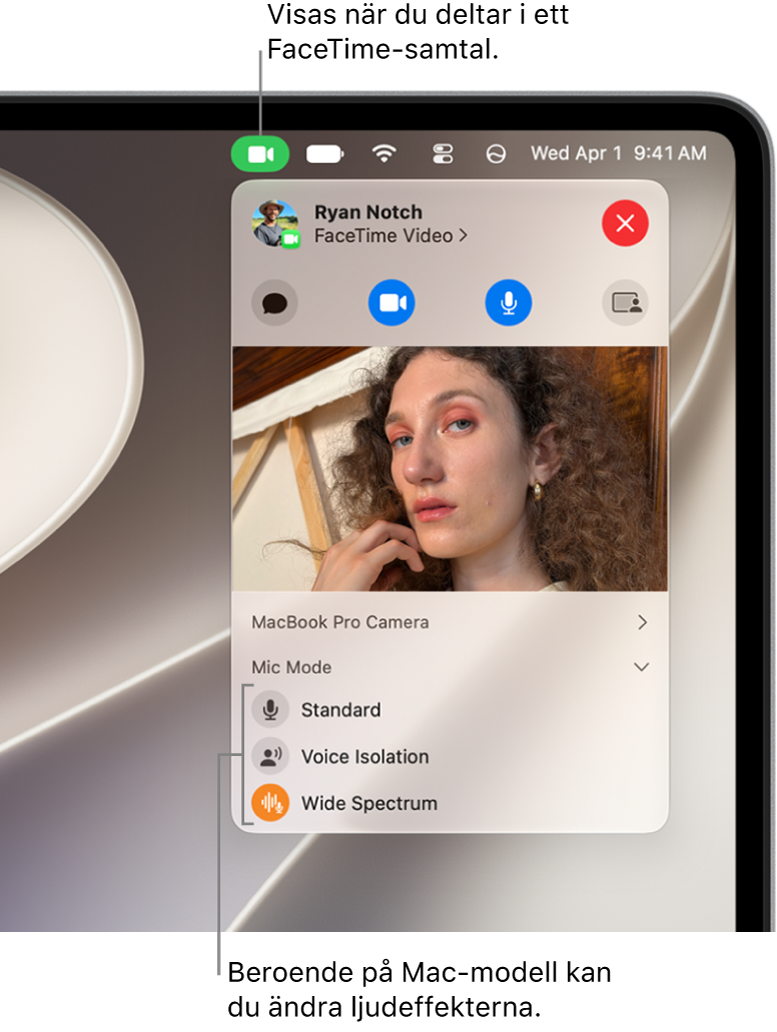 Kontrollcenter i det övre högra hörnet av Mac-skärmen som visar videoknappen (som syns när ett FaceTime-samtal pågår) och mikrofonlägesalternativen (som ändrar ljudeffekterna beroende på vilken Mac du har).