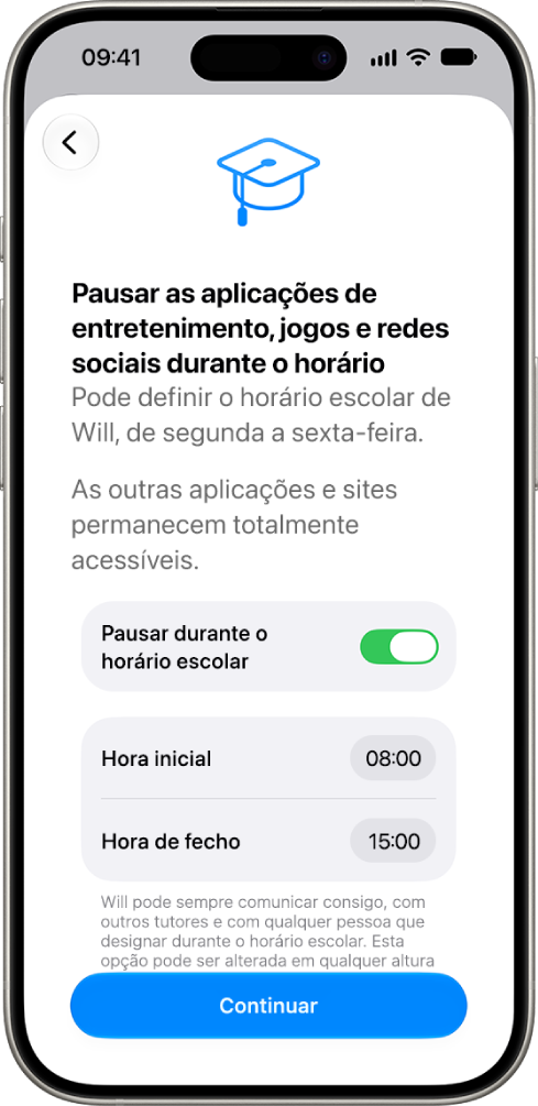 O ecrã de configuração dos controlos parentais a mostrar as horas em que a utilização do dispositivo deve ser colocada em pausa durante o horário escolar.