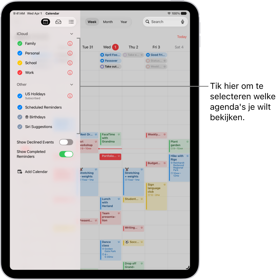 De lijst met agenda's met een vinkje bij actieve agenda's. Rechtsbovenin zie je de knop 'Gereed' voor het sluiten van de lijst. Linksonderin bevindt zich de knop met het plusteken.