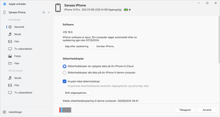 I vinduet ses en enhed, der er valgt i indholdsoversigten, og synkroniseringsindstillinger.