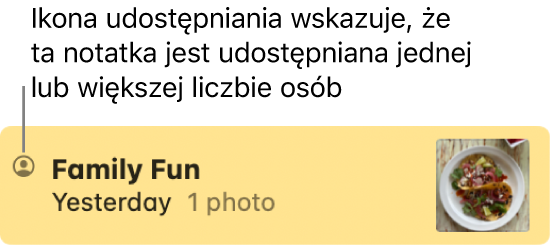 Notatka, która została udostępniona innym osobom w&nbsp;rozmowie w&nbsp;Wiadomościach oraz ikona przycisku udostępniania po lewej stronie nazwy notatki.