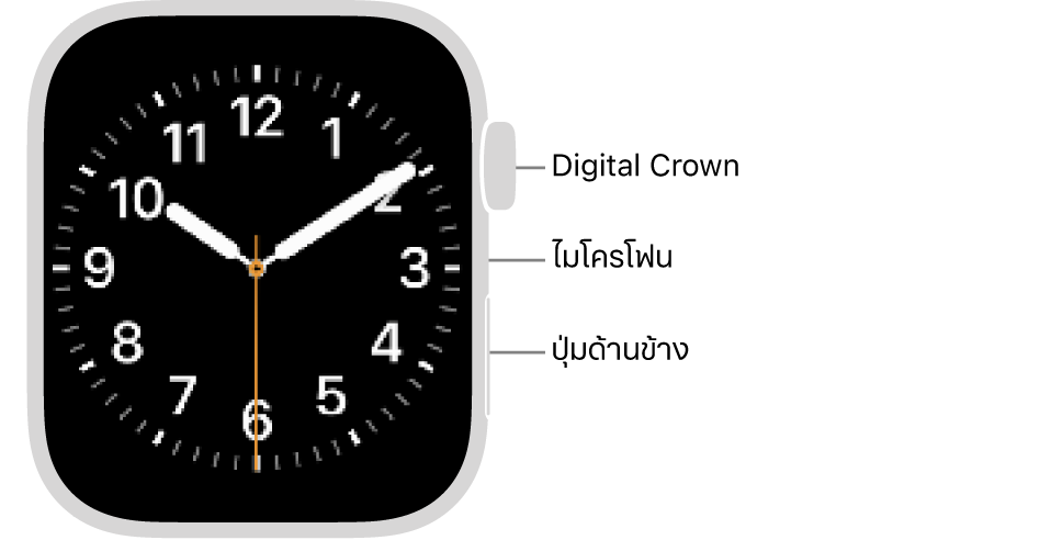 ด้านหน้าของ Apple&nbsp;Watch Series&nbsp;9 ที่มีหน้าจอที่แสดงหน้าปัดนาฬิกา และมี Digital Crown, ไมโครโฟน และปุ่มด้านข้างอยู่ที่ด้านข้างของนาฬิกาจากด้านบนสุดถึงด้านล่างสุด