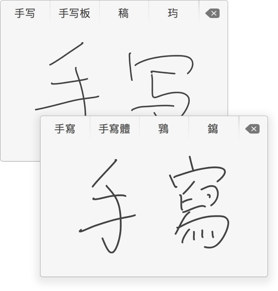 “手写输入”窗口在手写字符上方显示可能与“手写”匹配的简体中文（上）和繁体中文（下）字符。