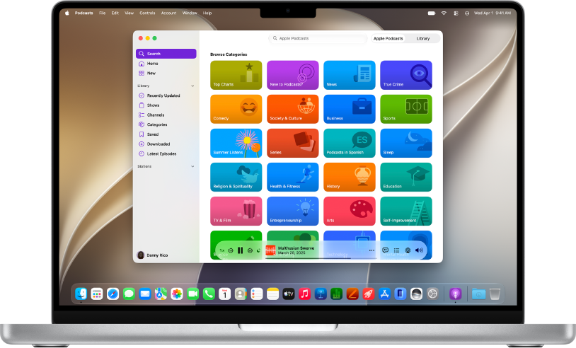The Apple Podcasts app on a Mac, showing podcasts categories in the Search tab.