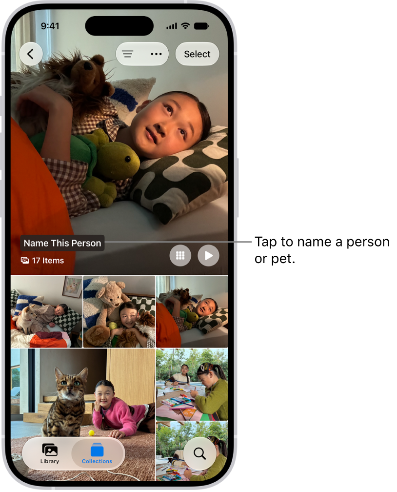 The People & Pets collection in the Photos app. Groups appear at the top, and people and pets are listed below.
