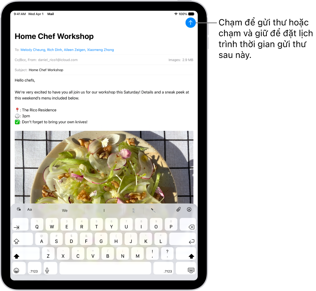 Một bản nháp email được mở trong ứng dụng Mail. Nút để gửi thư nằm ở góc trên cùng bên phải. Chạm để gửi thư hoặc chạm và giữ để đặt lịch trình một thời gian để gửi thư sau này.
