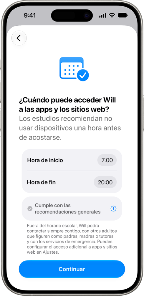 La pantalla de configuración de los controles parentales con las horas en que un menor puede acceder a su dispositivo.