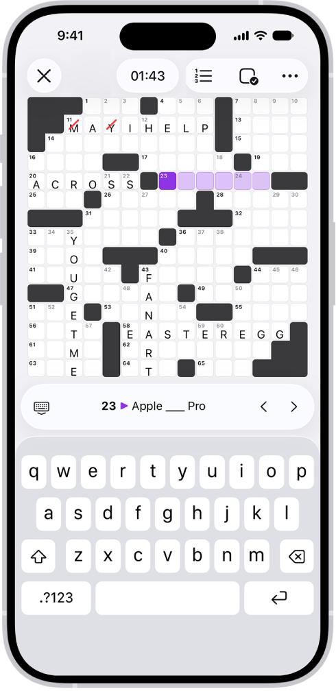 เกมปริศนา Crossword ที่ถูกเติมคำแล้วบางส่วน โดยมีตัวควบคุมด้านบน และมีแป้นพิมพ์เปิดอยู่ที่ด้านล่างสุด