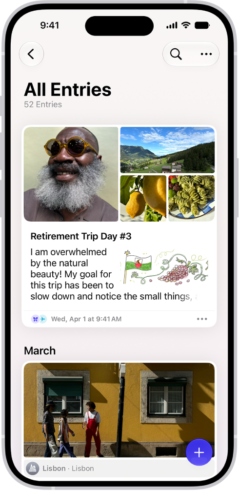 A screen in the Journal app showing journal entries with the Search button at the top right.