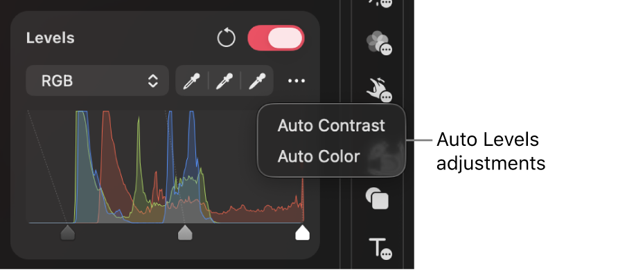 Levels controls in the Color Adjustments pane, with automatic adjustment options.