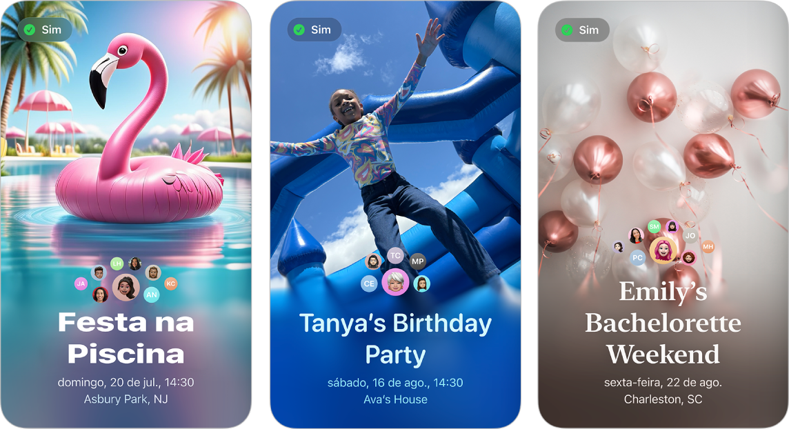 Três convites do app Convites&nbsp;Apple. Cada um tem uma foto de fundo, um nome, uma data, um horário e um local.