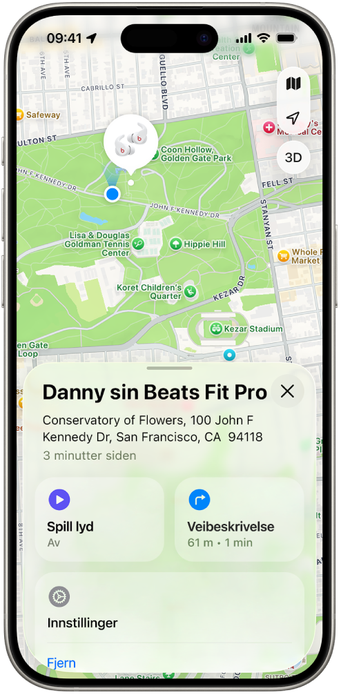 Posisjonen til Beats Fit Pro vises på et kart over San Francisco i Hvor&nbsp;er-appen på iPhone.