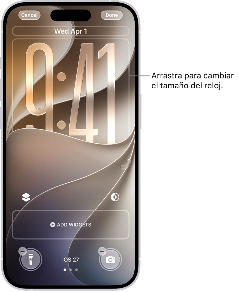 Una pantalla bloqueada personalizada en proceso de edición. Se seleccionaron los elementos disponibles para una mayor personalización: la fecha, la hora y un botón para agregar widgets.