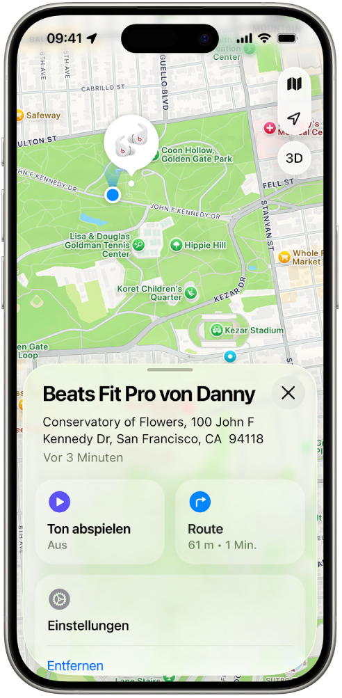 Der Bildschirm der App „Wo ist?“ auf dem iPhone zeigt den Standort der Beats&nbsp;Fit&nbsp;Pro auf einer Karte von San Francisco.