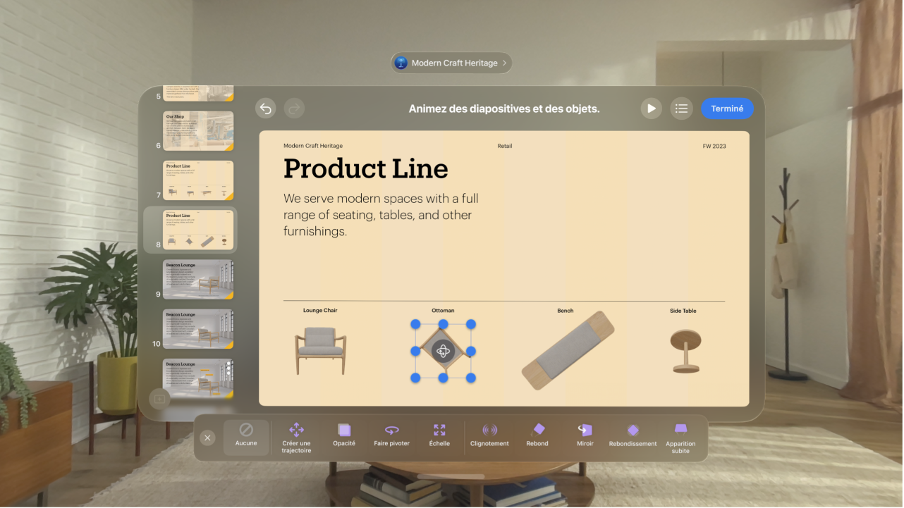 L’app Keynote sur l’Apple&nbsp;Vision&nbsp;Pro, affichant les options d’animation pour un objet sur une diapositive.