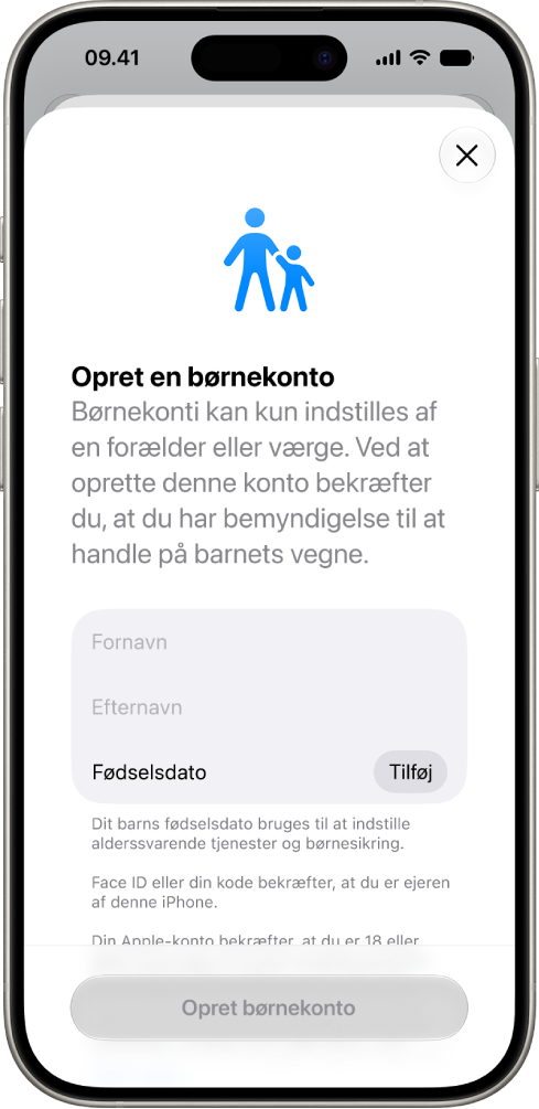 Skærmen Opret en konto til et barn viser muligheder for at tilføje fornavn, efternavn og fødselsdag.