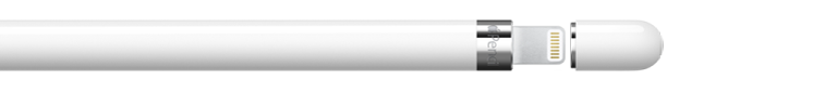 Un Apple&nbsp;Pencil (primera generación) sin tapa muestra el extremo que se conecta al conector Lightning del iPad.