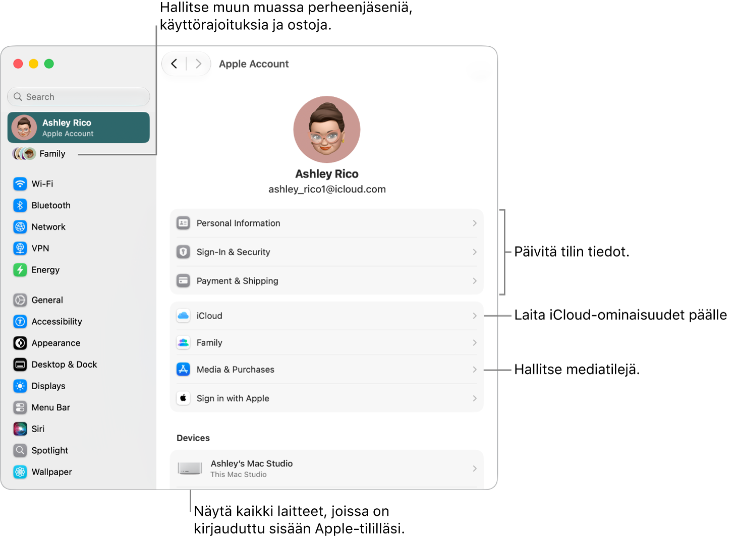 Järjestelmäasetusten Apple-tili-asetukset ja selitteet tilin tietojen päivittämiseen, iCloud-ominaisuuksien laittamiseen päälle tai pois päältä sekä mediatilien hallintaan. Lisäksi Perhe-osio, jossa voit hallita perheenjäseniä, käyttörajoituksia, ostoja ja muita ominaisuuksia.