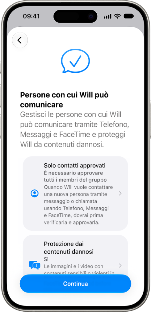 La schermata di impostazione dei controlli parentali mostra le opzioni per le persone con cui un bambino può comunicare.