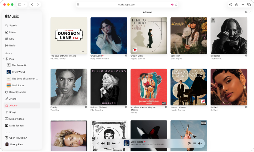 The Apple Music window in Safari with a library of multiple albums.