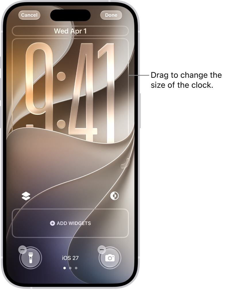 A custom Lock Screen in the process of being edited. Elements available for customization are selected—the date, the time, and a button for adding widgets.