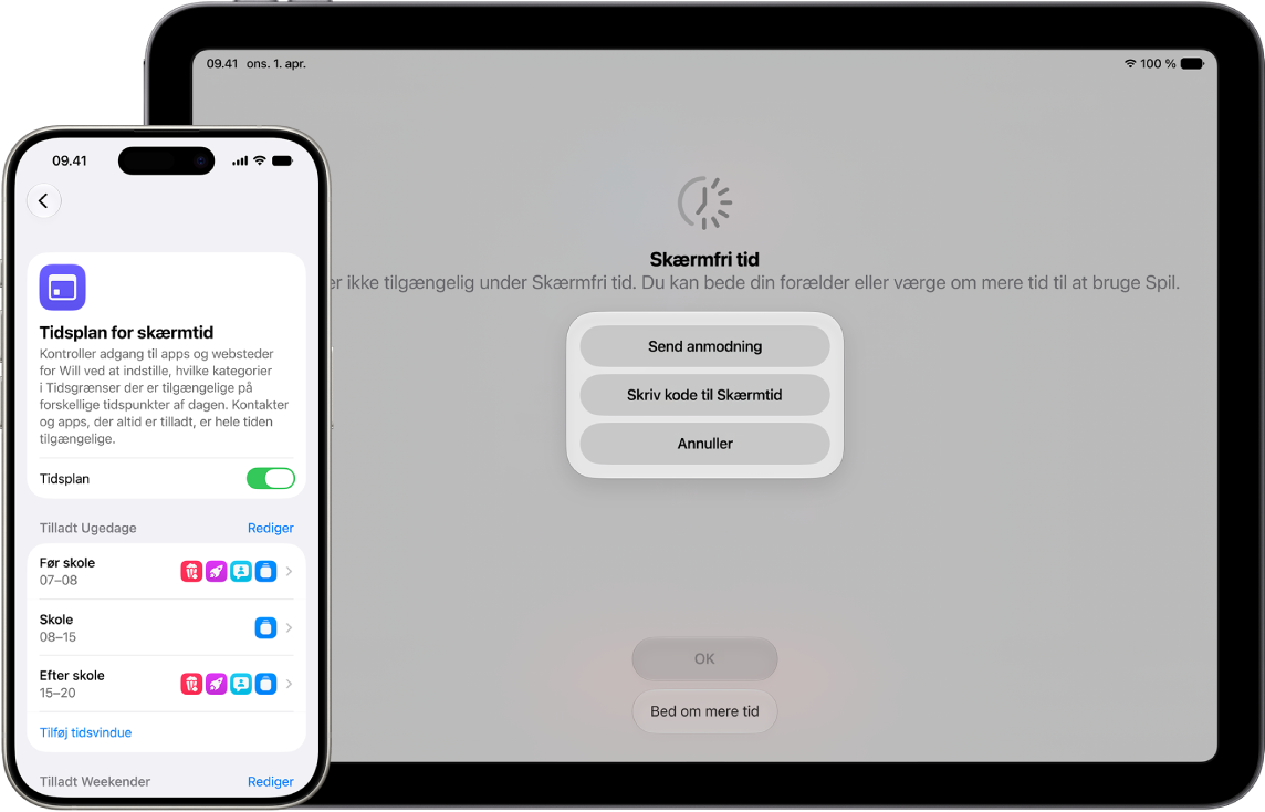 En forælders iPhone viser et barns tidsplan for Skærmtid med tidsvinduer til Før skole, Skole og Efter skole. Et barns iPad viser, at barnet er uden for tidsplanen for brug af enheden.