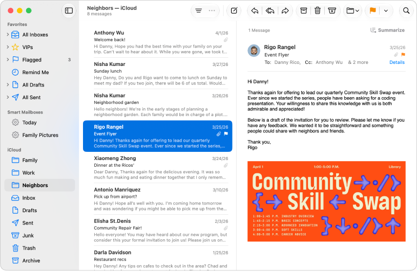 A Mail window showing various mailboxes in the sidebar.