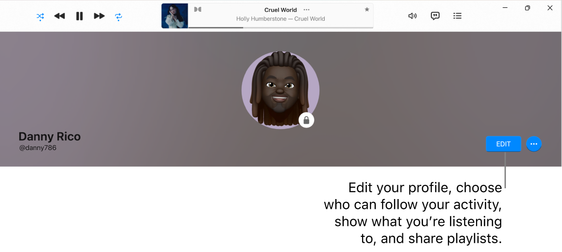 The profile page in Apple Music: on the right side of the window, is the Edit button, which you can select to edit your profile, choose who can follow your activity, show what you’re listening to, and share playlists.
