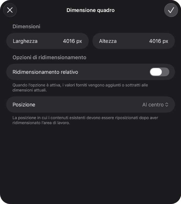 La finestra di dialogo “Dimensione area di lavoro” con i controlli per modificare le dimensioni dell’area di lavoro.