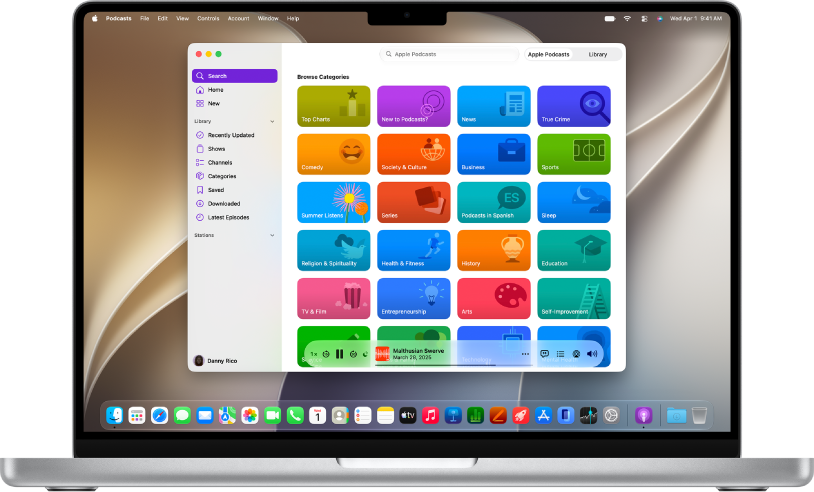 Prozor Apple Podcastsa s istaknutom opcijom Pretraživanje u rubnom stupcu i popisom kategorija podcasta.