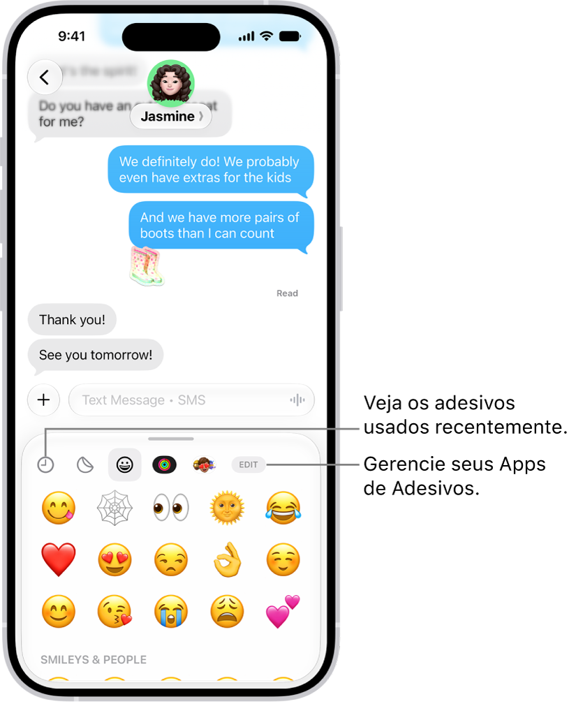 Adesivos aparecem abaixo de uma conversa. Cada botão ao longo da parte superior do cartão abre um pacote de adesivos.