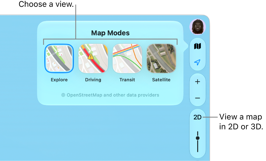 The Map button has been clicked and four map views are available: Explore, Driving, Transit, and Satellite.