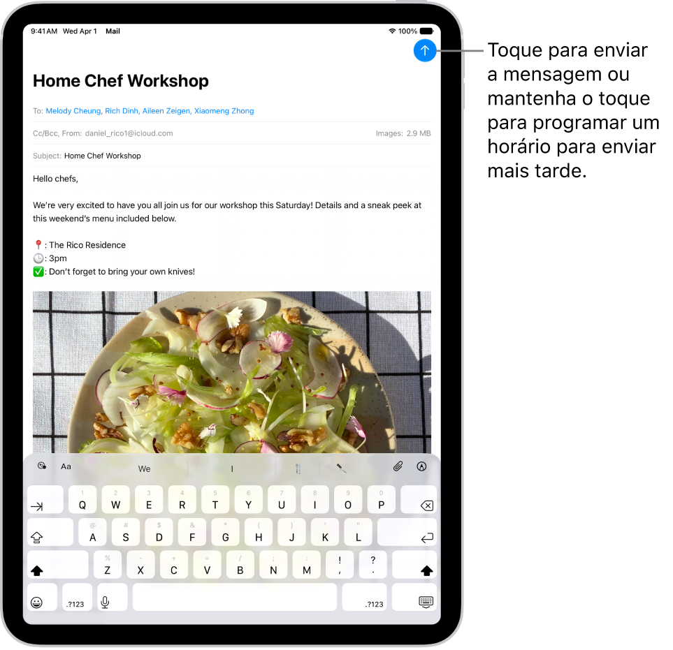 Um rascunho de e‑mail está aberto no app Mail. O botão para enviar a mensagem está no canto superior direito. Toque para enviar a mensagem ou toque e mantenha pressionado para agendar um horário e enviá‑la mais tarde.