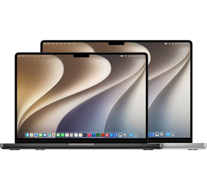 A 14-inch MacBook Pro computer in front of a 16-inch MacBook Pro.