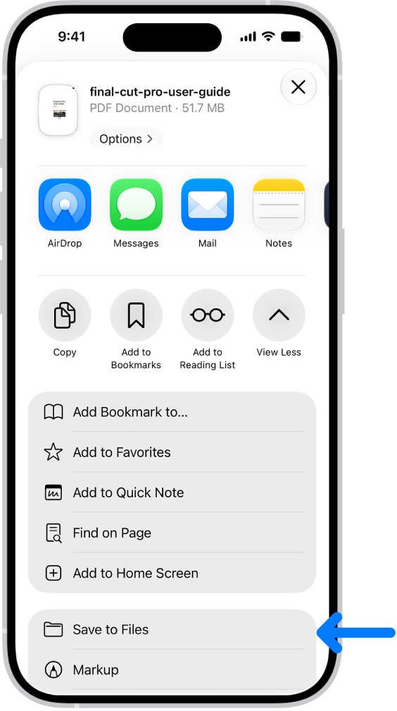 In Safari, the Share button on a PDF has been tapped, revealing a list of options including Save to Files near the bottom of the screen.