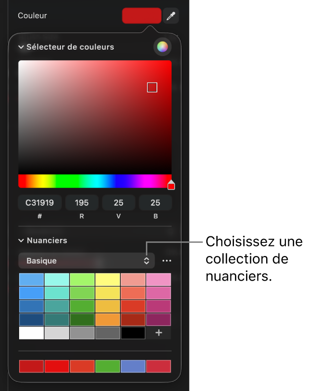 Le sélecteur de couleur, avec le menu contextuel de la collection d’échantillons.