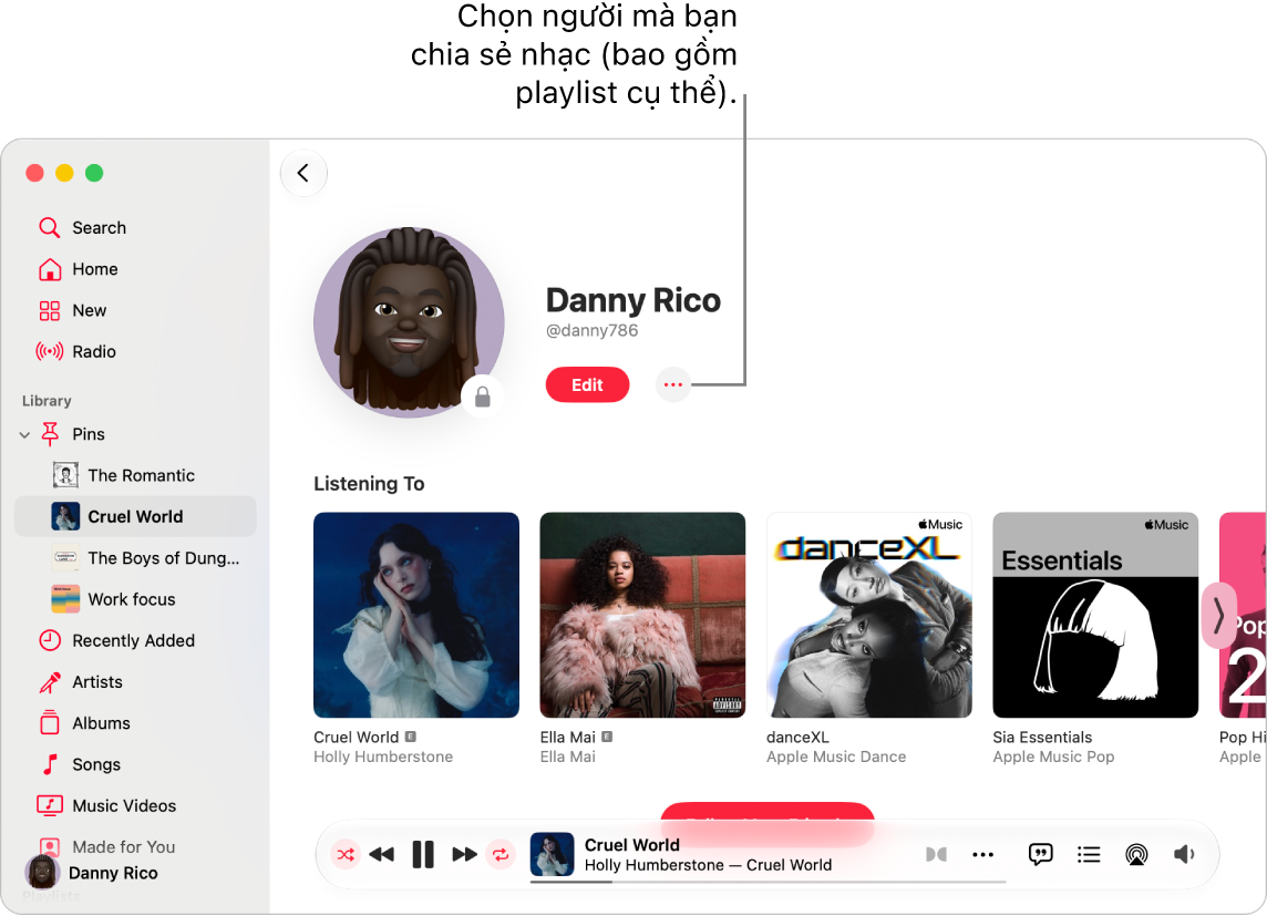Trang trang cá nhân trên Apple Music: ở đầu cửa sổ, bấm vào nút Thêm (ở bên phải nút Sửa) để chia sẻ nhạc của bạn.