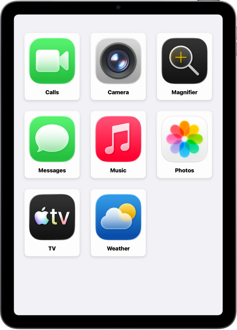 An iPad showing the Assistive Access Home Screen with a large grid of app icons and their names.