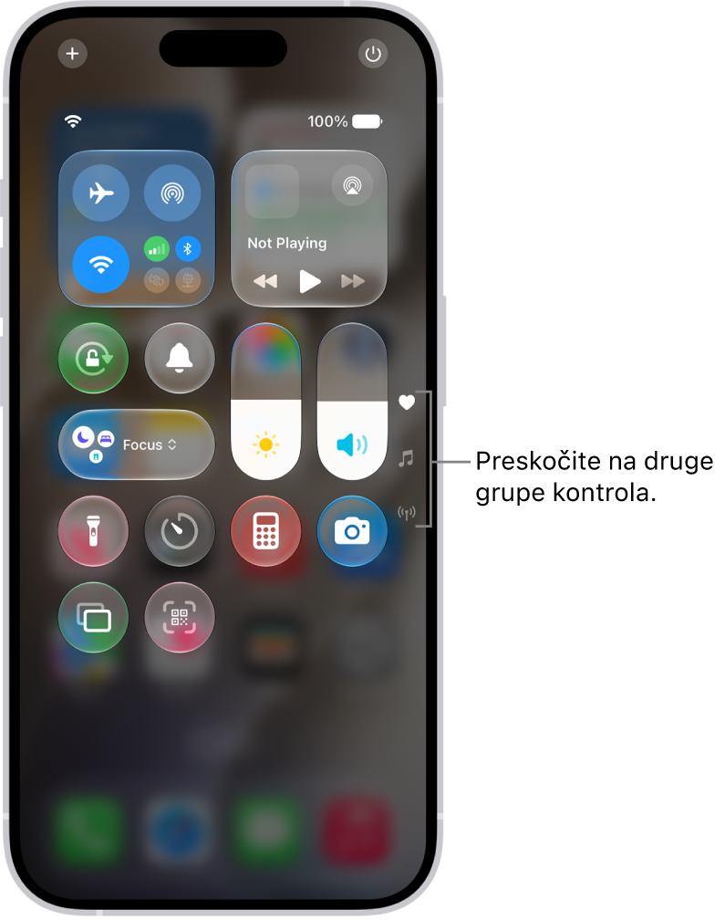 Kontrolni centar otvoren na zaslonu iPhonea, s ikonama na desnoj strani za gledanje drugih grupa kontrola.