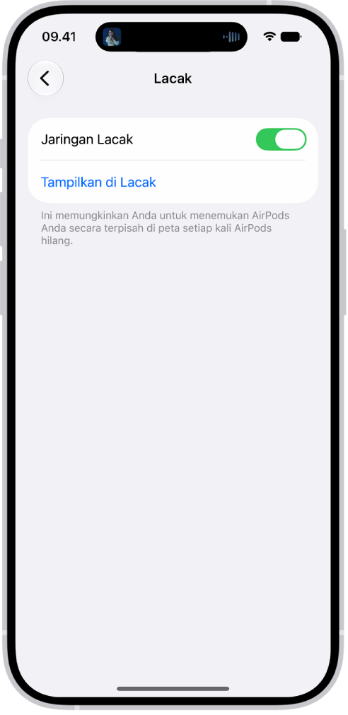 Pengaturan Bluetooth di iPhone menampilkan pilihan untuk AirPods&nbsp;Pro. Pilihan Jaringan Lacak menyala, yang memungkinkan AirPods untuk ditemukan secara terpisah di peta kapan pun hilang.