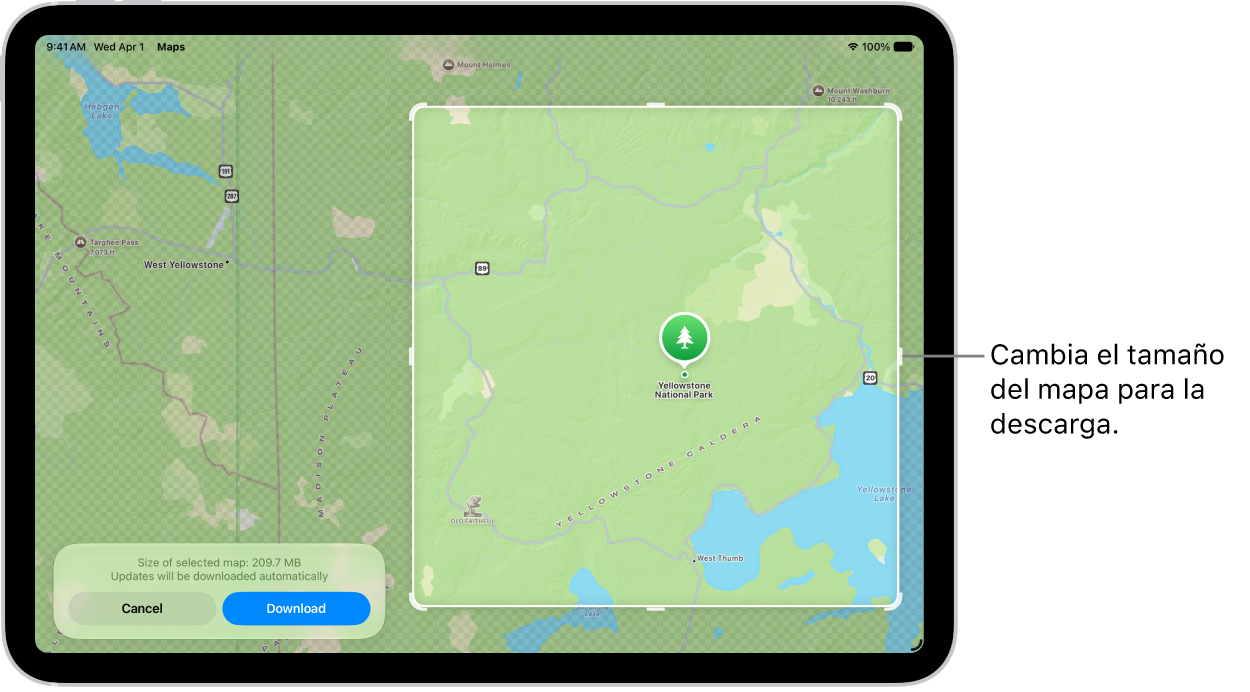 Un iPad con un mapa de un parque nacional. El parque está dentro de un rectángulo con manijas, las cuales se pueden mover para cambiar el tamaño del mapa a descargar. El tamaño de descarga del mapa seleccionado se indica cerca de la parte inferior de este. En la parte inferior de la pantalla se muestran los botones Cancelar y Descargar.