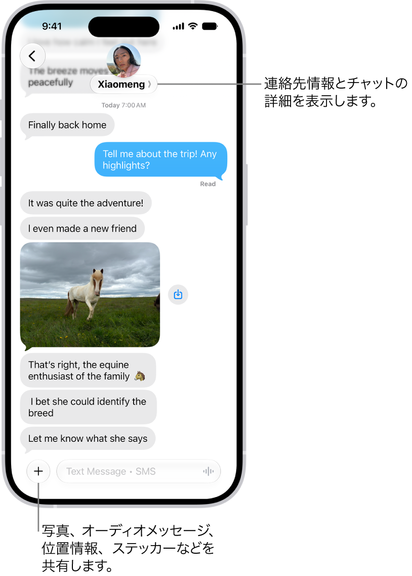 「メッセージ」のチャット。メッセージを送信する相手の名前が画面上部に表示されています。名前をタップすると、チャットの詳細が表示されます。左下隅には「追加」ボタンがあります。