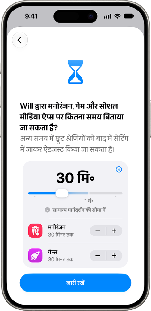 पैरेंटल कंट्रोल स्क्रीन, जिसमें सोशल मीडिया और मनोरंजन जैसी ऐप श्रेणियों के लिए अनुमति प्राप्त अवधि को दिखाया गया है।